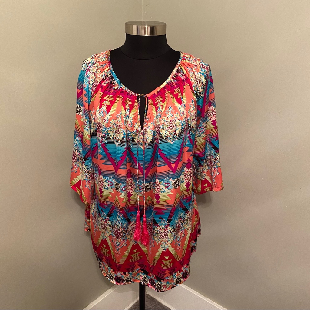 Tassel Top Bright Print Flowy Tunic Blouse